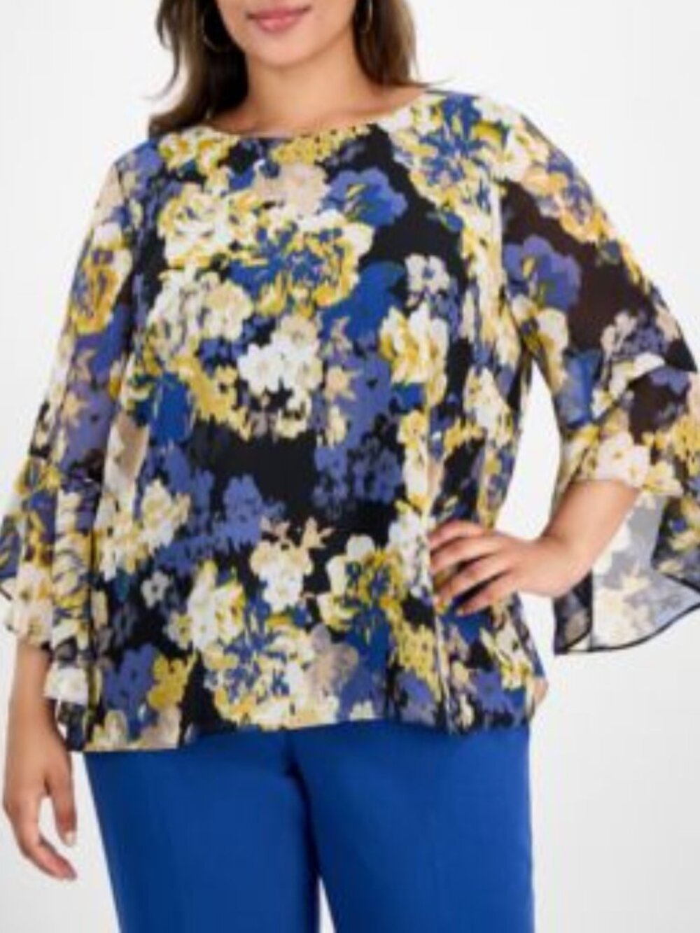 Kasper 3/4 Bell Ruffle Sleeve Chiffon Women's Blouse Top Size 1X